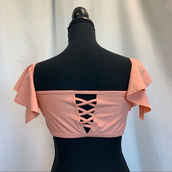 𝅺PEACH Laceup ruffle frill Shoulder crop top bikini top Sz M 🔥 - Picture 4 of 8